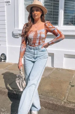 Rebellious Fashion Brown Marble Puff Sleeve Bodysuit - Deana