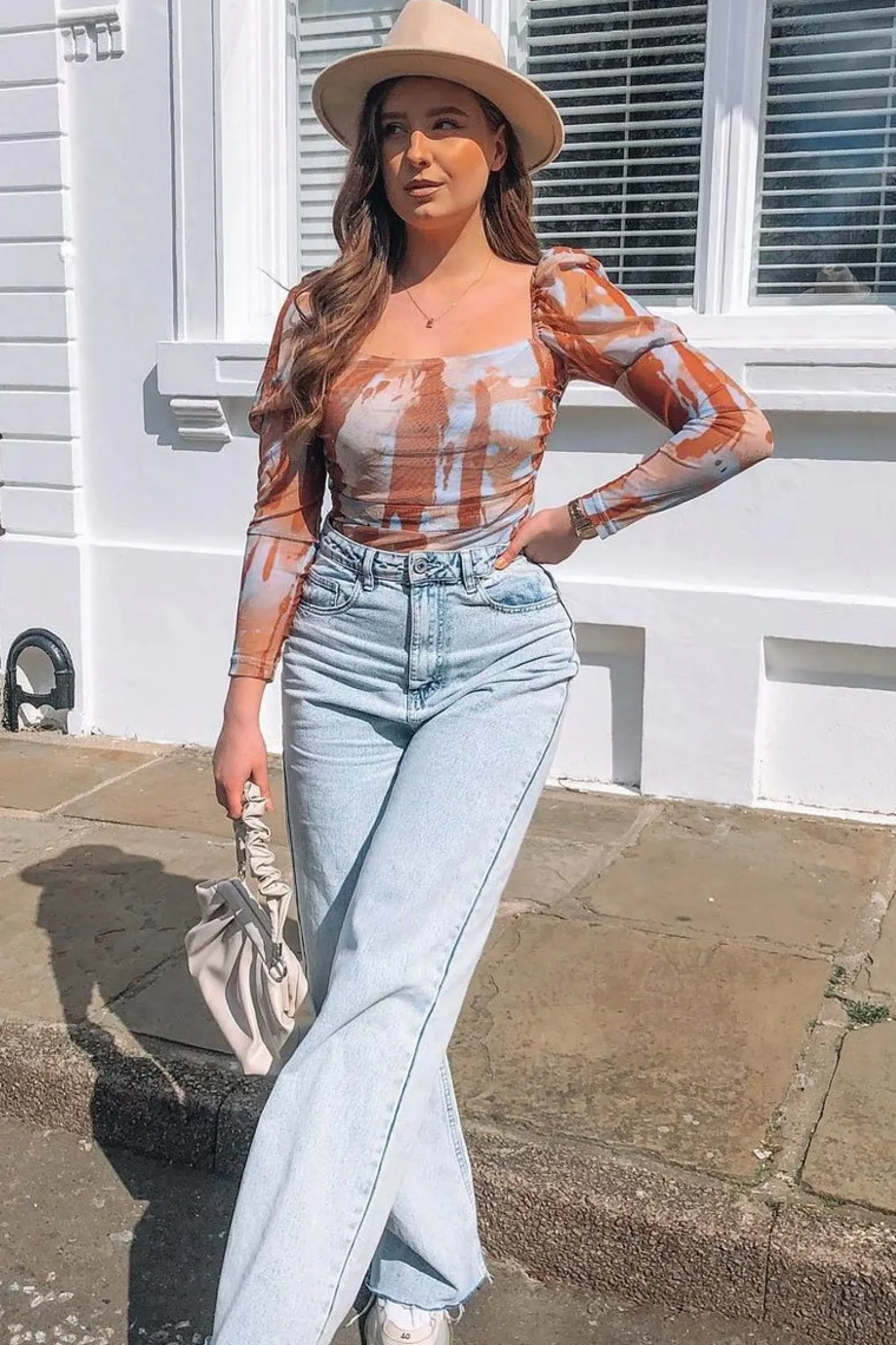 Rebellious Fashion Brown Marble Puff Sleeve Bodysuit - Deana