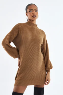 Rebellious Fashion Brown Oversized Knit Jumper Dress - Inez