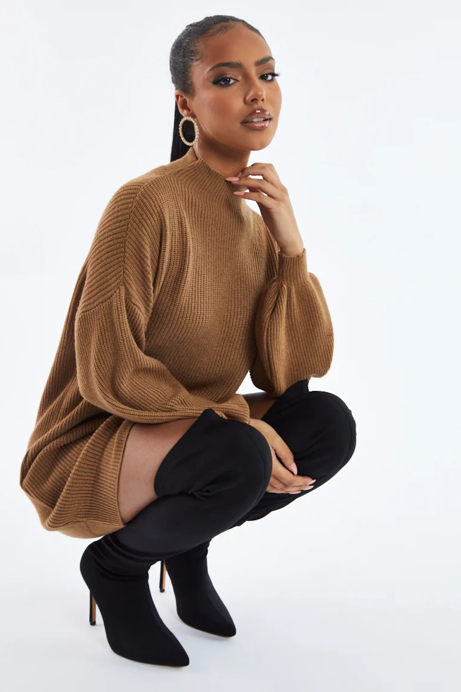 Rebellious Fashion Brown Oversized Knit Jumper Dress - Inez