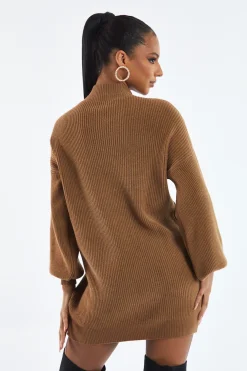 Rebellious Fashion Brown Oversized Knit Jumper Dress - Inez