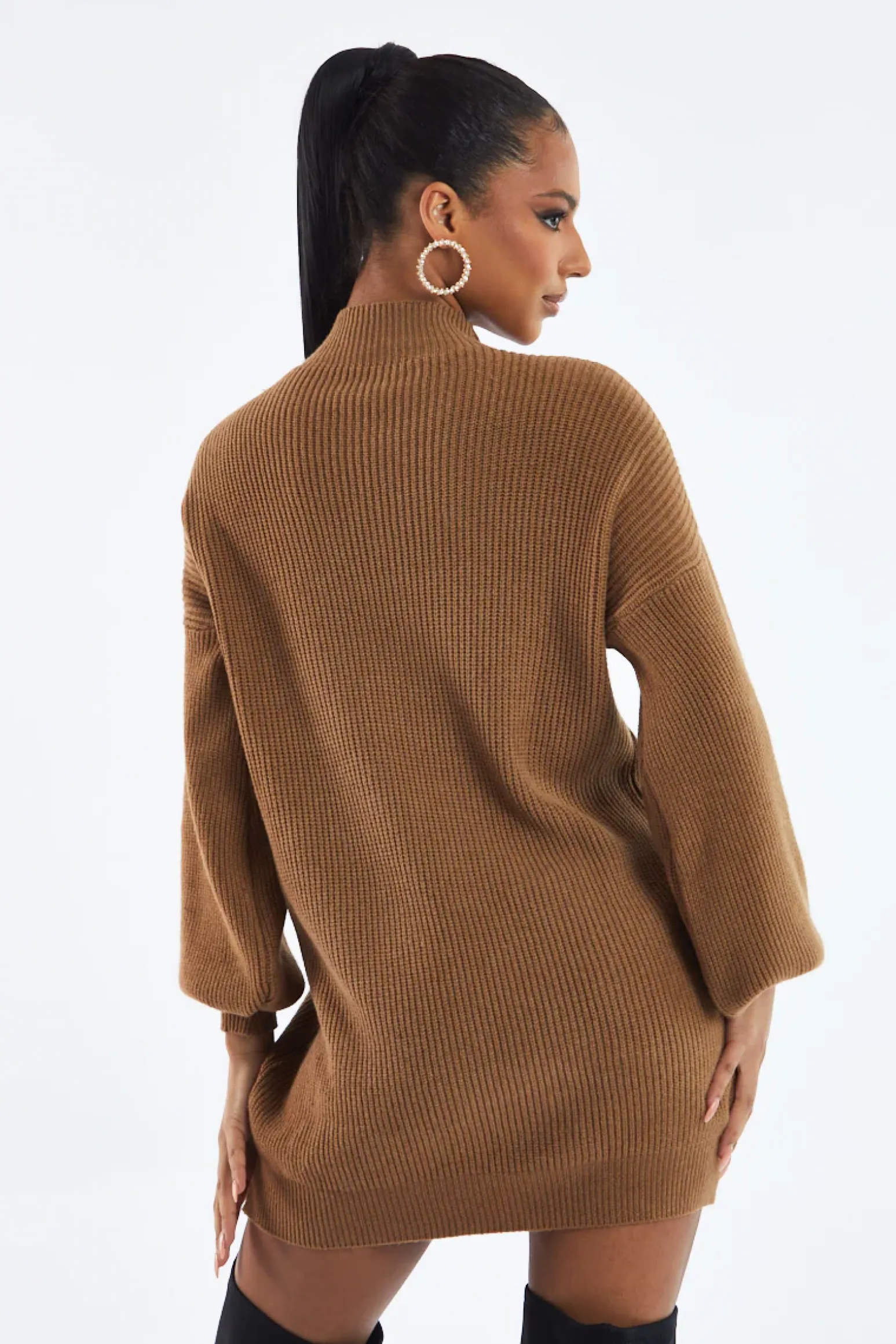 Rebellious Fashion Brown Oversized Knit Jumper Dress - Inez