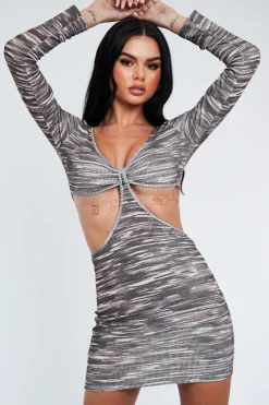 Rebellious Fashion Brown Printed Cut Out Ribbed Mini Dress - Larra