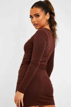 Rebellious Fashion Brown Ribbed Cut Out Mini Dress - Ayana