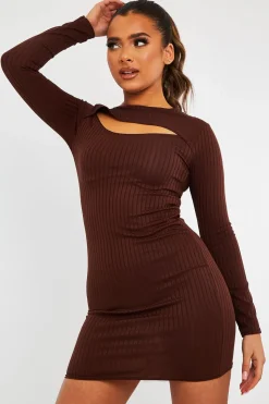 Rebellious Fashion Brown Ribbed Cut Out Mini Dress - Ayana