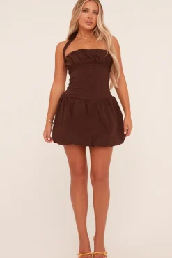 Rebellious Fashion Brown Ruched Halter Neck Puffball Mini Dress - Anessa