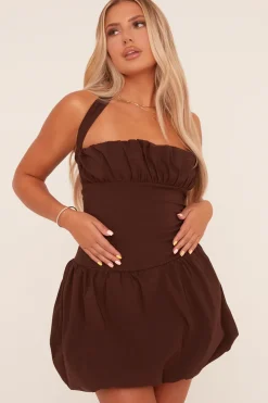Rebellious Fashion Brown Ruched Halter Neck Puffball Mini Dress - Anessa