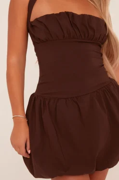 Rebellious Fashion Brown Ruched Halter Neck Puffball Mini Dress - Anessa