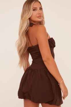 Rebellious Fashion Brown Ruched Halter Neck Puffball Mini Dress - Anessa