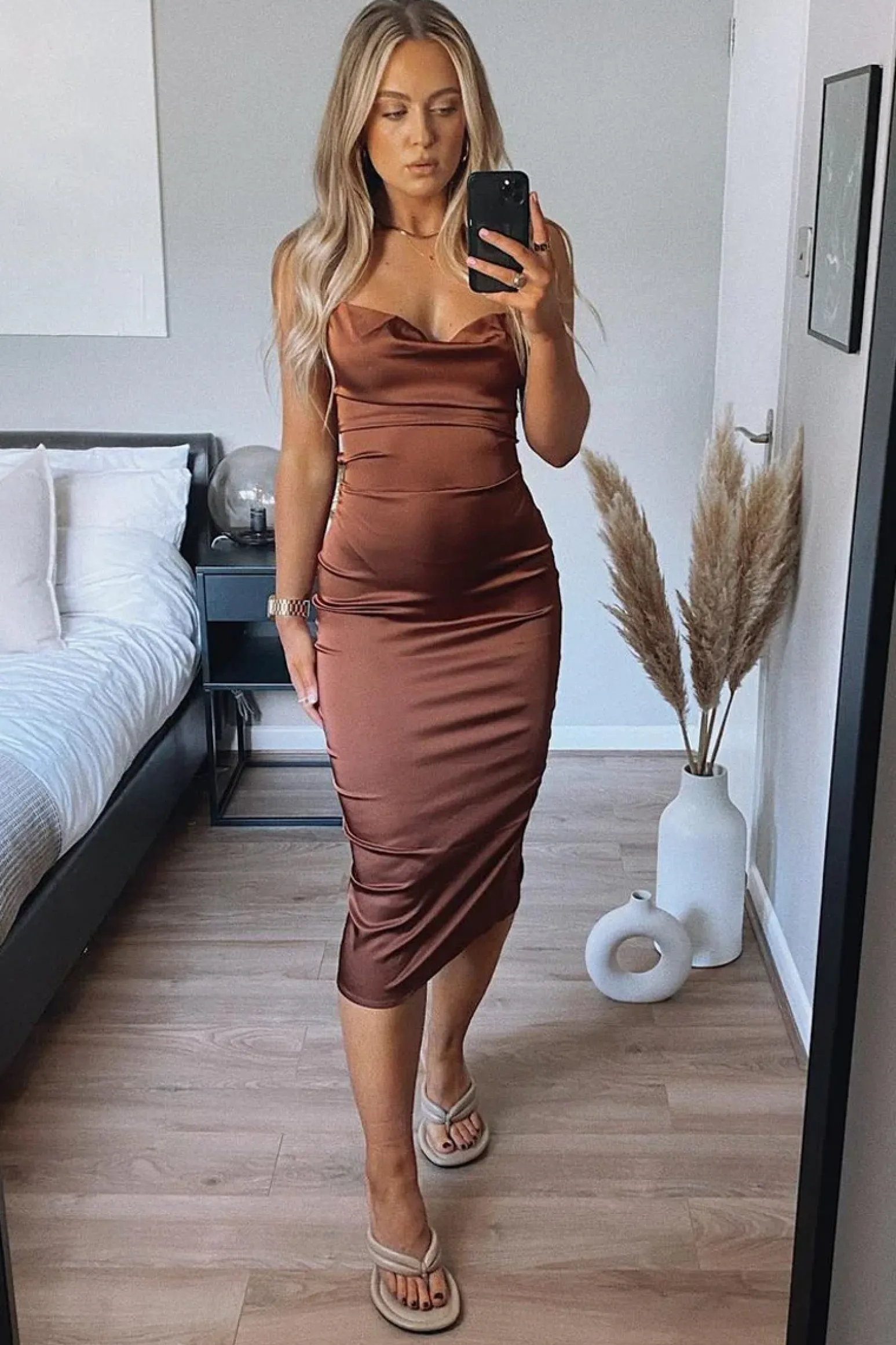 Rebellious Fashion Brown Satin Cowl Neck Midi Bodycon Dress - Liliana