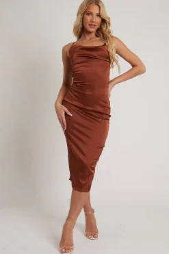 Rebellious Fashion Brown Satin Cowl Neck Midi Bodycon Dress - Liliana