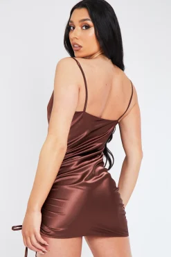 Rebellious Fashion Brown Satin Ruched Side Slip Bodycon Dress - Davie