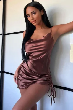 Rebellious Fashion Brown Satin Ruched Side Slip Bodycon Dress - Davie
