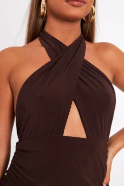 Rebellious Fashion Brown Slinky Ruched Halter Neck Mini Dress - Raylinn