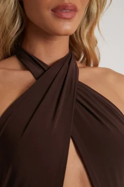 Rebellious Fashion Brown Slinky Ruched Halter Neck Mini Dress - Raylinn