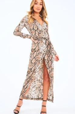 Rebellious Fashion Brown Snake Print Plunge Wrap Front Maxi Dress - Beni