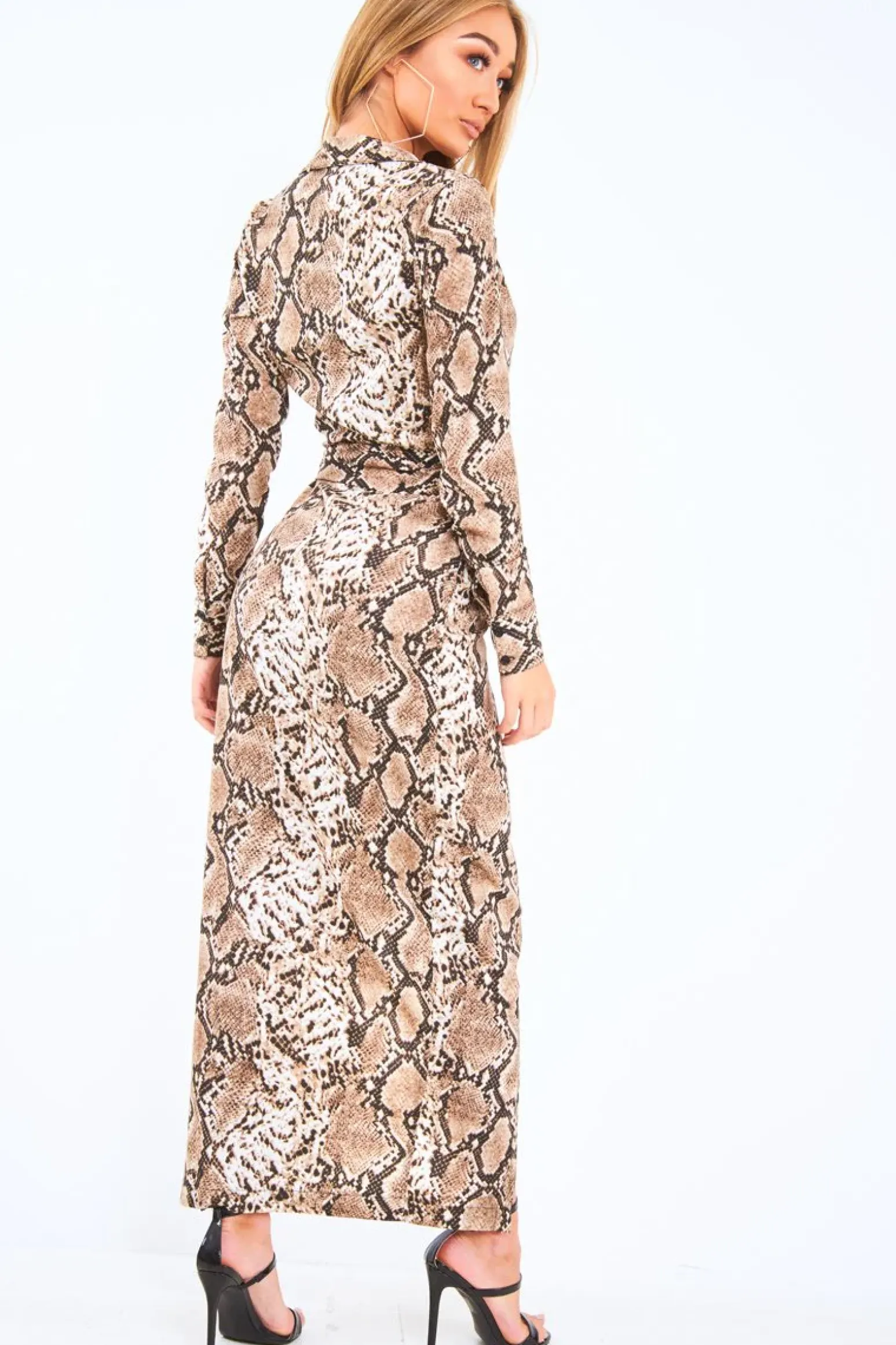 Rebellious Fashion Brown Snake Print Plunge Wrap Front Maxi Dress - Beni