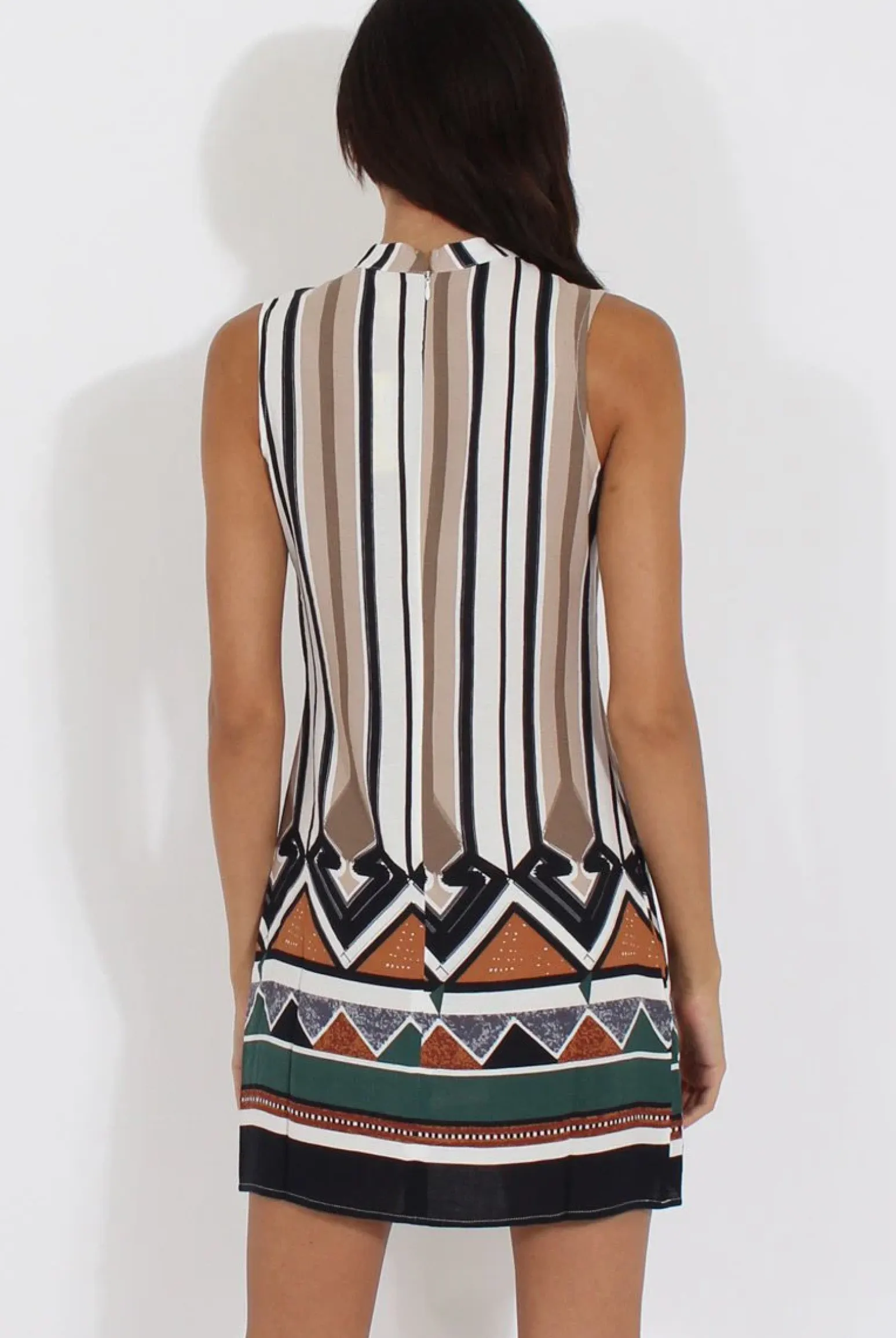 Rebellious Fashion Brown Stripe Geo Border Print Cut Out High Neck Dress - Perla