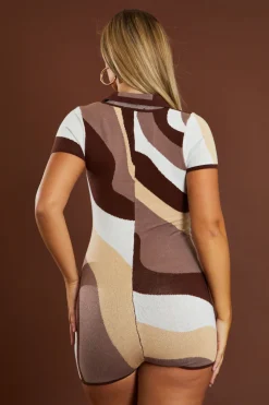 Rebellious Fashion Brown Abstract Print Button Up Front Playsuit - Parker