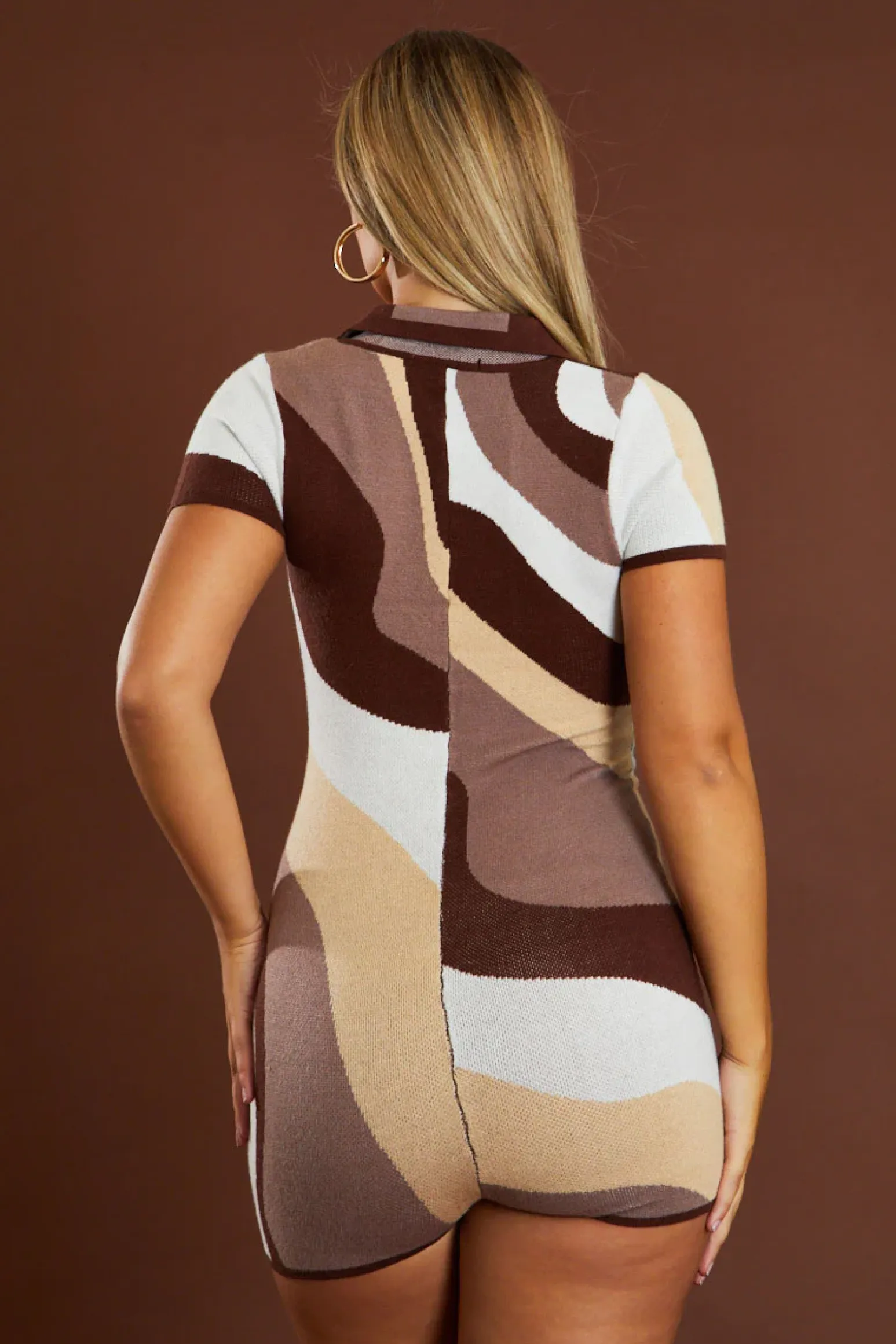 Rebellious Fashion Brown Abstract Print Button Up Front Playsuit - Parker