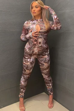 Rebellious Fashion Brown Abstract Print Front Split Long Sleeve Jumpsuit - Hayli