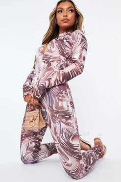 Rebellious Fashion Brown Abstract Print Front Split Long Sleeve Jumpsuit - Hayli