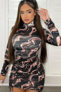 Rebellious Fashion Brown Abstract Print Ruched Front Mini Dress - Vara