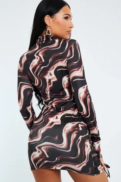 Rebellious Fashion Brown Abstract Print Ruched Front Mini Dress - Vara