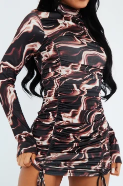 Rebellious Fashion Brown Abstract Print Ruched Front Mini Dress - Vara