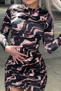 Rebellious Fashion Brown Abstract Print Ruched Front Mini Dress - Vara