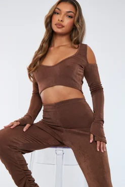 Rebellious Fashion Brown Acetate Slinky Bardot Crop Top - Arden