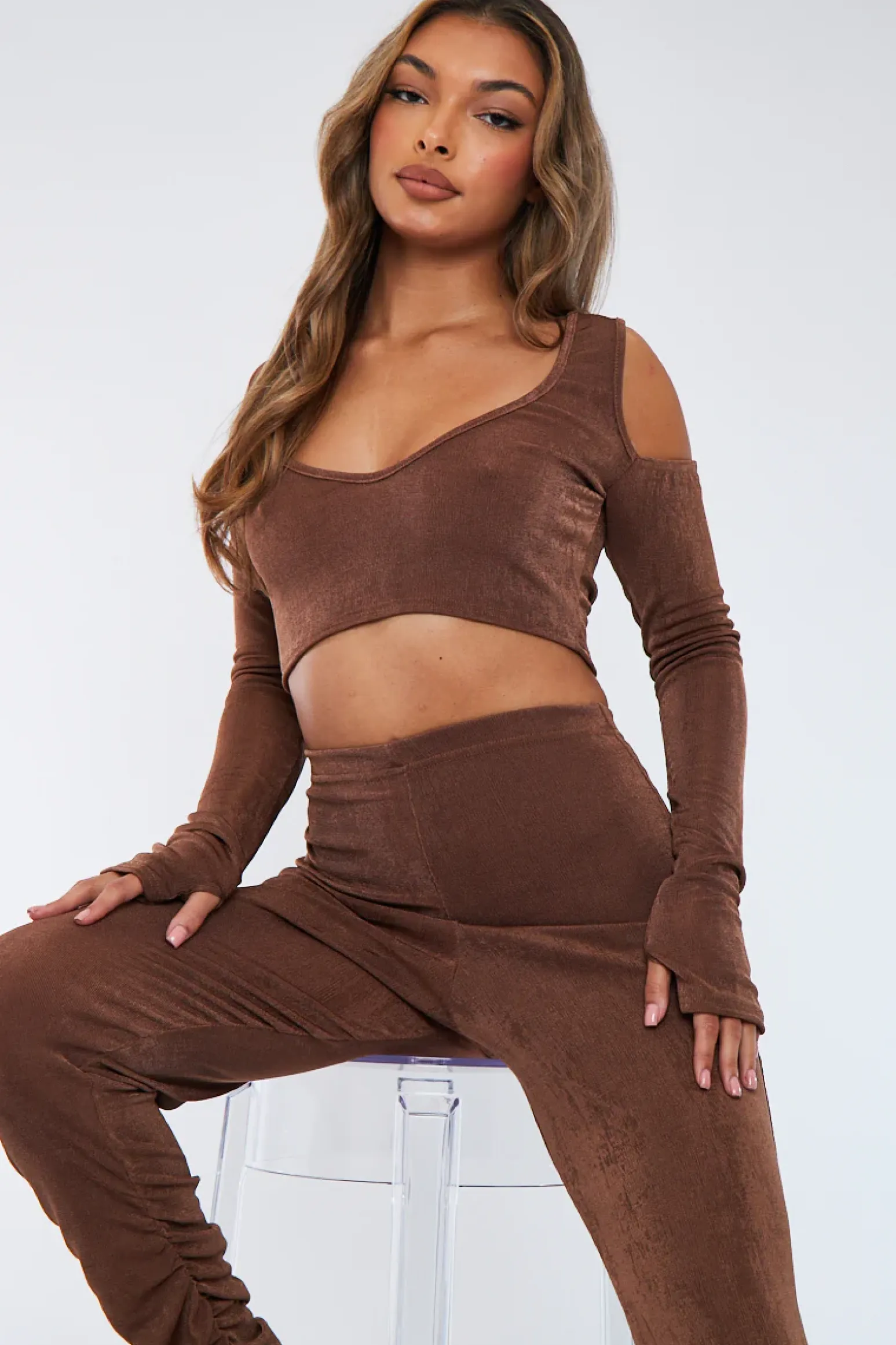 Rebellious Fashion Brown Acetate Slinky Bardot Crop Top - Arden