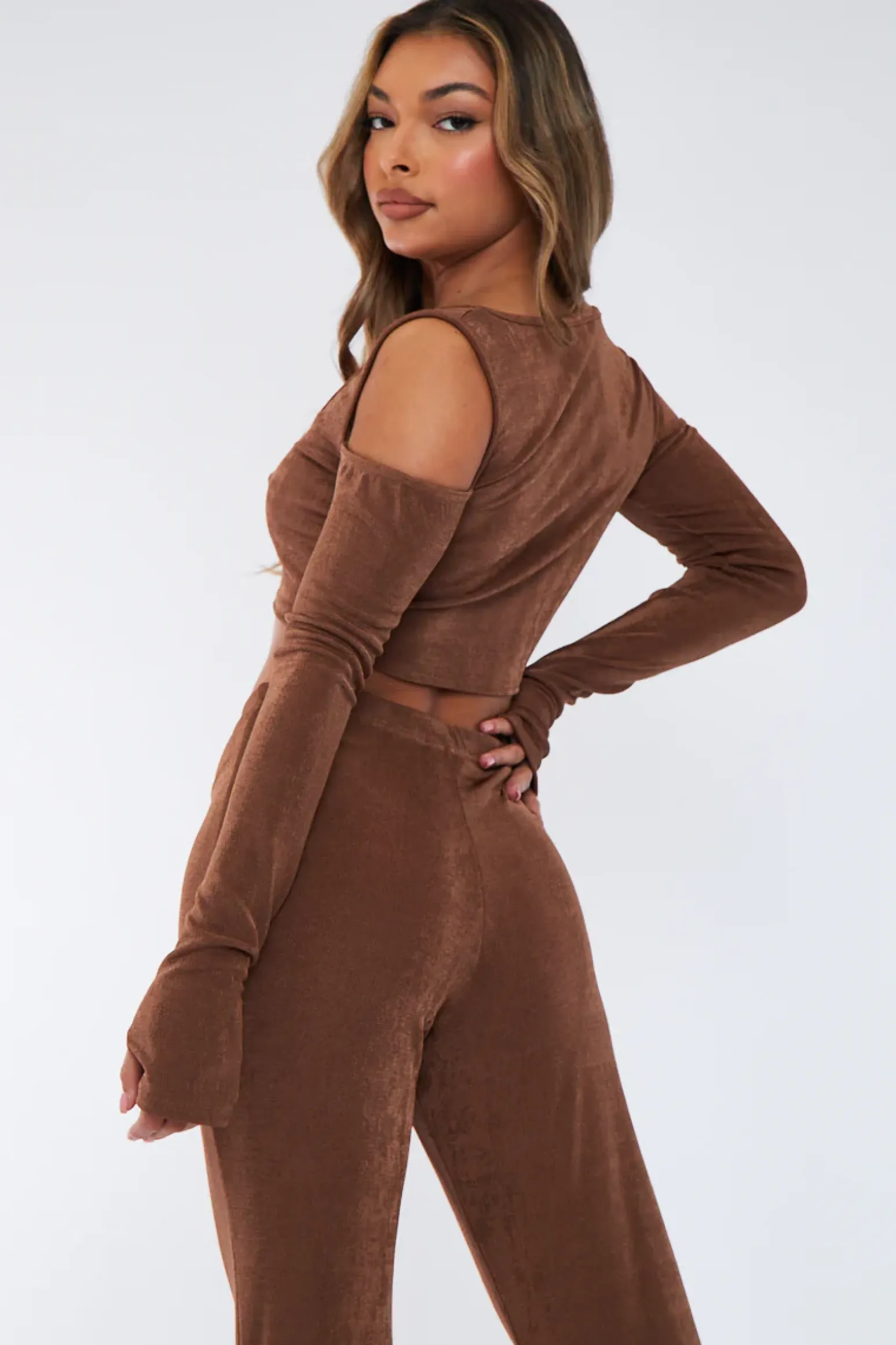 Rebellious Fashion Brown Acetate Slinky Bardot Crop Top - Arden