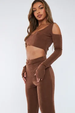 Rebellious Fashion Brown Acetate Slinky Bardot Crop Top - Arden