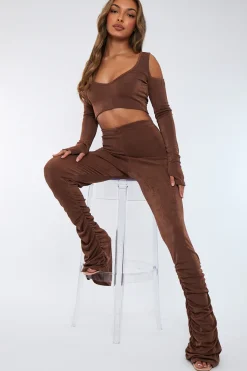 Rebellious Fashion Brown Acetate Slinky Gathered Hem Trousers - Nina