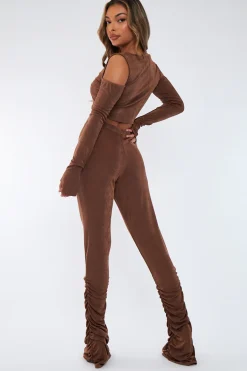 Rebellious Fashion Brown Acetate Slinky Gathered Hem Trousers - Nina