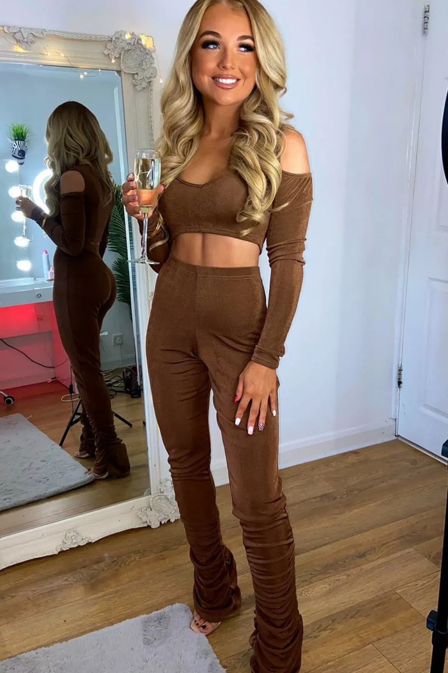Rebellious Fashion Brown Acetate Slinky Gathered Hem Trousers - Nina