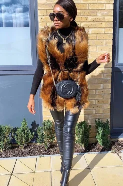 Rebellious Fashion Brown and Black Faux Fur Gilet - Jordana