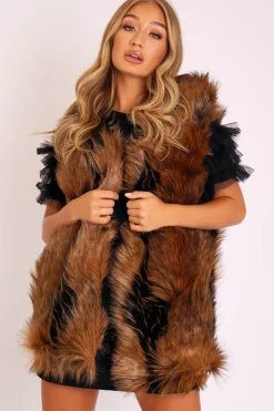 Rebellious Fashion Brown and Black Faux Fur Gilet - Jordana