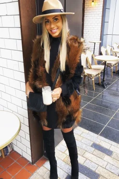 Rebellious Fashion Brown and Black Faux Fur Gilet - Jordana