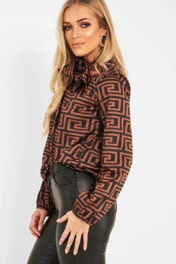 Rebellious Fashion Brown Aztec Print Satin Long Sleeve Bow Shirt - Abrah