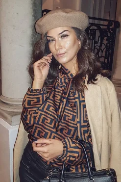 Rebellious Fashion Brown Aztec Print Satin Long Sleeve Bow Shirt - Abrah