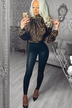 Rebellious Fashion Brown Aztec Print Satin Long Sleeve Bow Shirt - Abrah