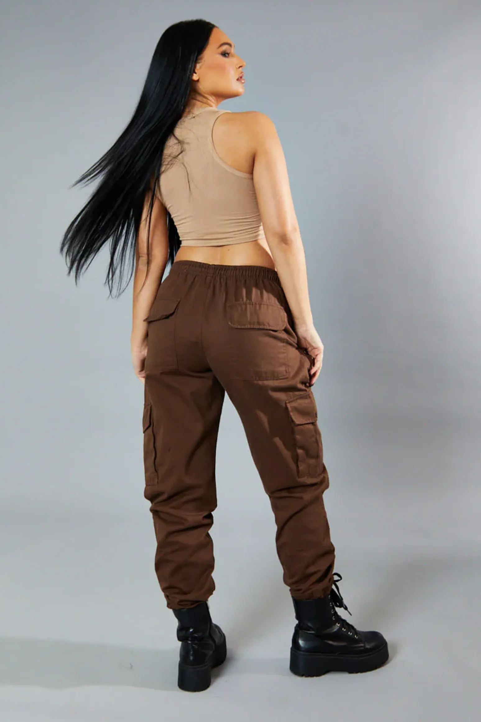 Rebellious Fashion Brown Baggy Cuffed Cargo Trousers - Shemaz