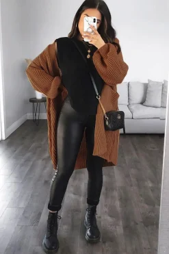 Rebellious Fashion Brown Balloon Sleeve Longline Knit Cardigan - Abbie