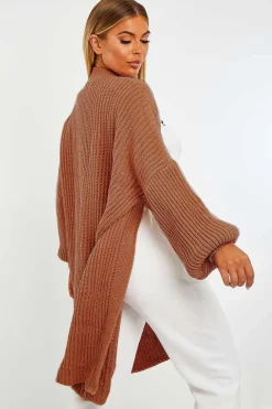 Rebellious Fashion Brown Balloon Sleeve Longline Knit Cardigan - Abbie