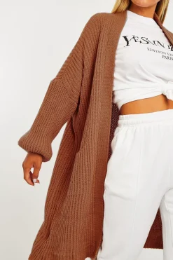 Rebellious Fashion Brown Balloon Sleeve Longline Knit Cardigan - Abbie