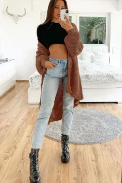 Rebellious Fashion Brown Balloon Sleeve Longline Knit Cardigan - Abbie