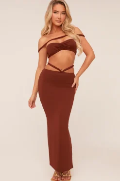 Rebellious Fashion Brown Bardot Cropped Top & Maxi Skirt Co-ord Set - Constance