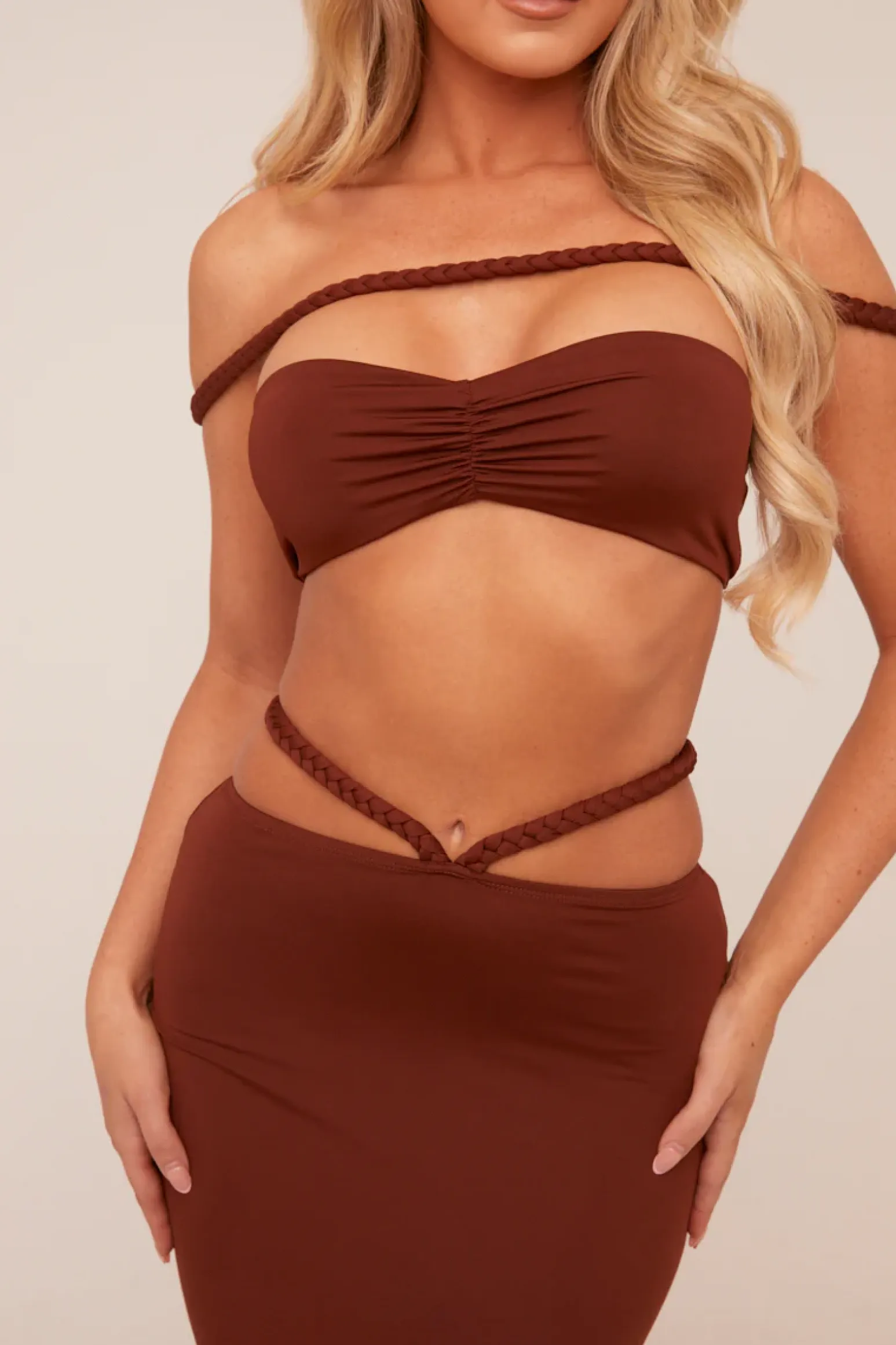 Rebellious Fashion Brown Bardot Cropped Top & Maxi Skirt Co-ord Set - Constance